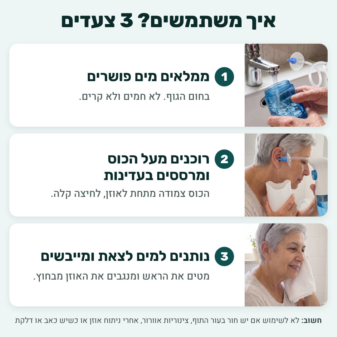איך משתמשים ב-3 צעדים: ממלאים מים פושרים, רוכנים מעל הכוס ומרססים בעדינות, נותנים למים לצאת ומייבשים
